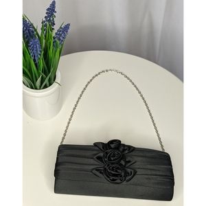 SATIN Black Vintage Clutch w/ Silver Crossbody